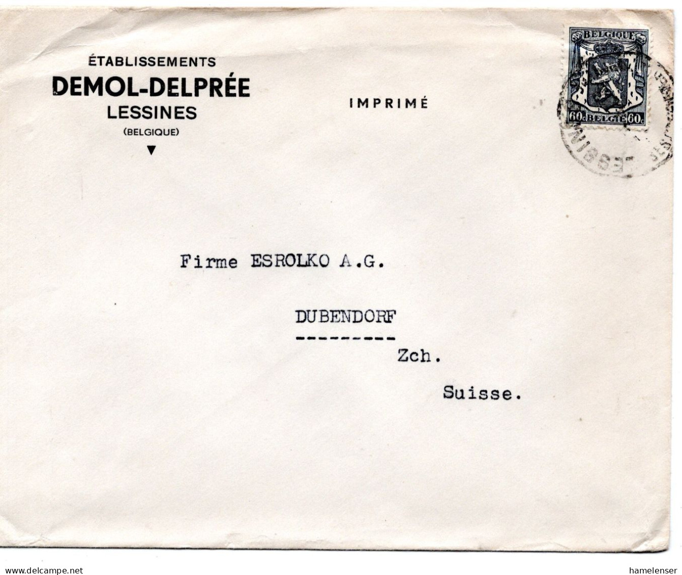 74254 - Belgien - 1947 - 60c Wappen EF A DrucksBf LESSINES -> Schweiz - Briefe U. Dokumente