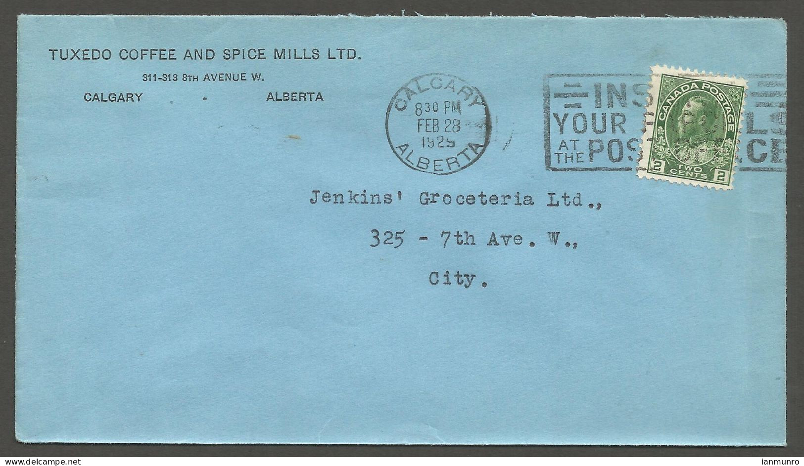 1929 Tuxedo Coffee & Spice Corner Card Cover 2c Admiral Insure Slogan Calgary Alberta - Historia Postale