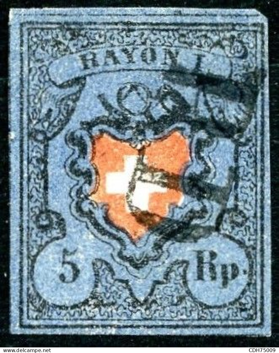 SUISSE - Z 15 IIb 5 RAPPEN BLEU FONCE VIOLACE CROIX NON ENCADREE RAYON 1 - OBLITERE - CERTIFICAT ED. ESTOPPEY - 1843-1852 Federale & Kantonnale Postzegels