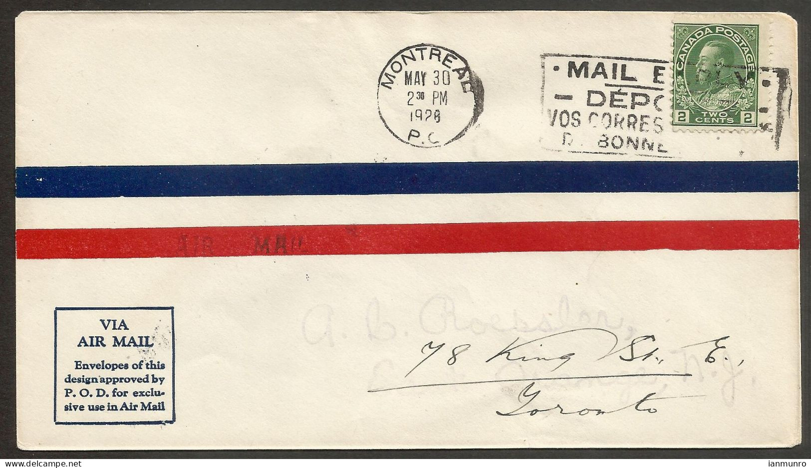 1928 Cover 2c Admiral Slogan Montreal PQ To Toronto Ontario - Histoire Postale