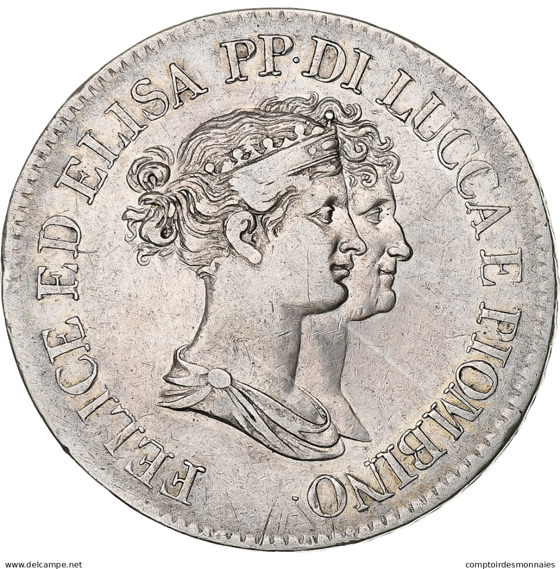 États Italiens, Felix And Elisa, 5 Franchi, 1808/7, Firenze, Argent, TTB - Lucca
