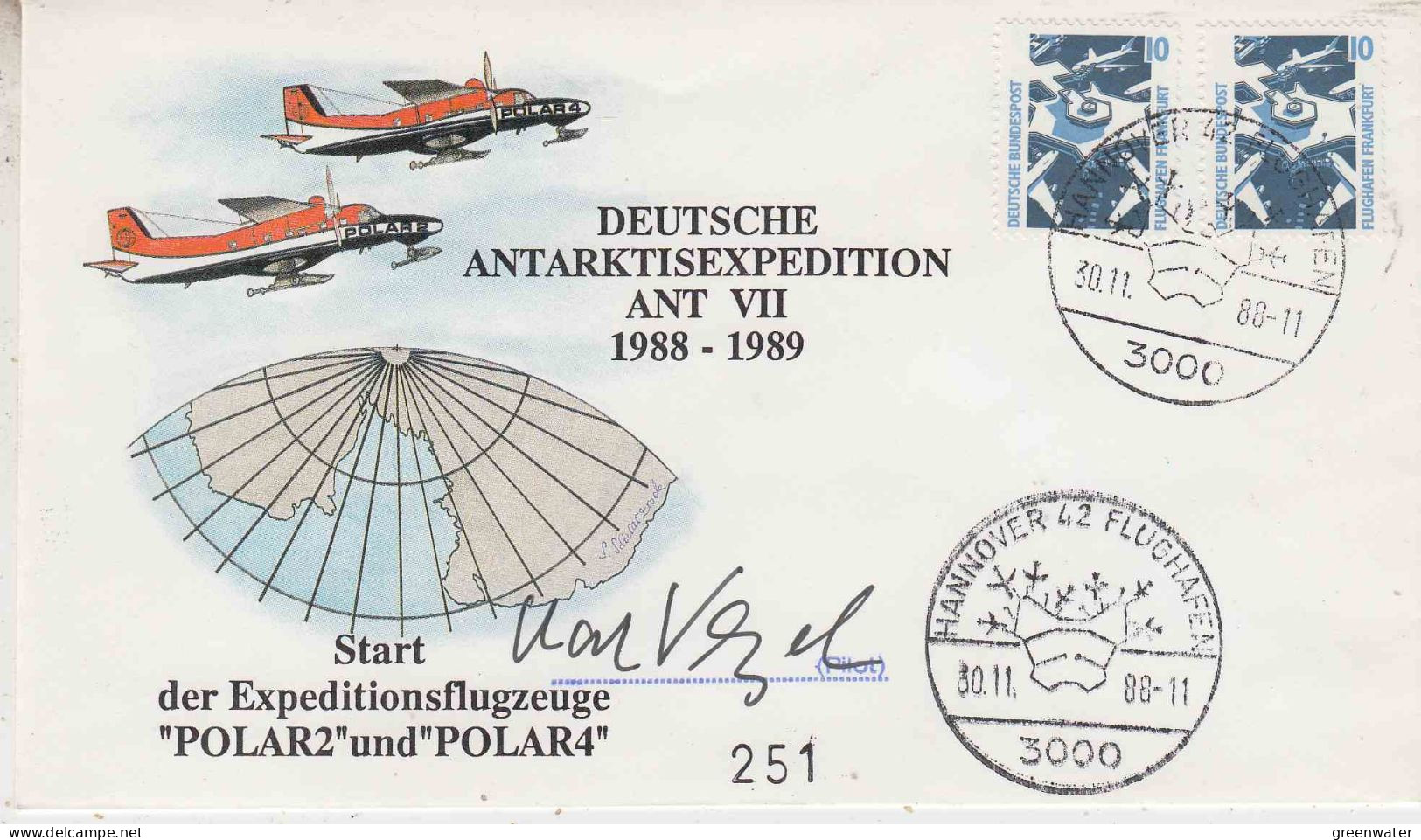 Germany 1988 Deutsche Antarktisexp Ant VII 1988-1989 Start Expeditionsflugzeuge Polar 2 & Polar 4 Cover Signature(PT162) - Polar Flights