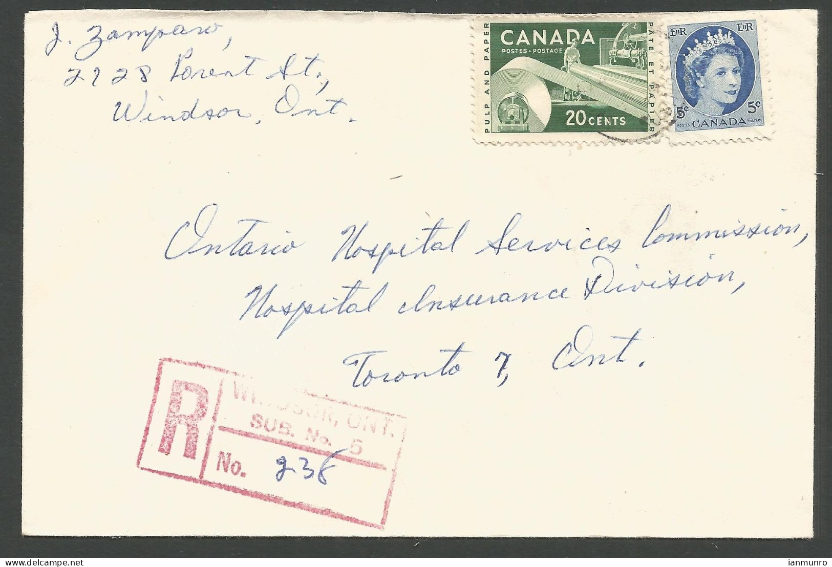 1959 Registered Cover 25c Wilding/Paper CDS Windsor Sub No 5 To Toronto Ontario - Histoire Postale
