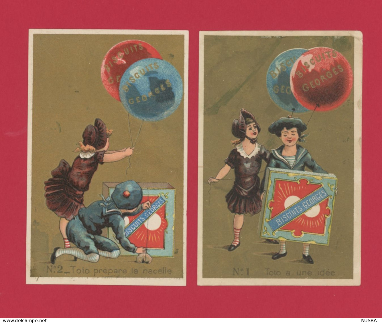 Biscuits Georges, Paris Courbevoie, Belle Série De 6 Chromos Dorées, Enfants & Ballons, Aérostat, Montgolfière - Other & Unclassified