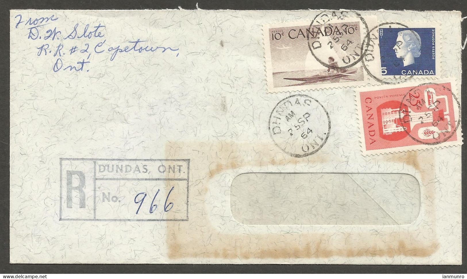 1964 Registered Cover 40c Chemical/Kayak/Cameo CDS Dundas Ontario Mutual Life - Histoire Postale