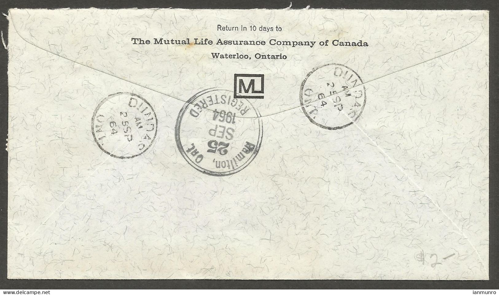 1964 Registered Cover 40c Chemical/Kayak/Cameo CDS Dundas Ontario Mutual Life - Postal History