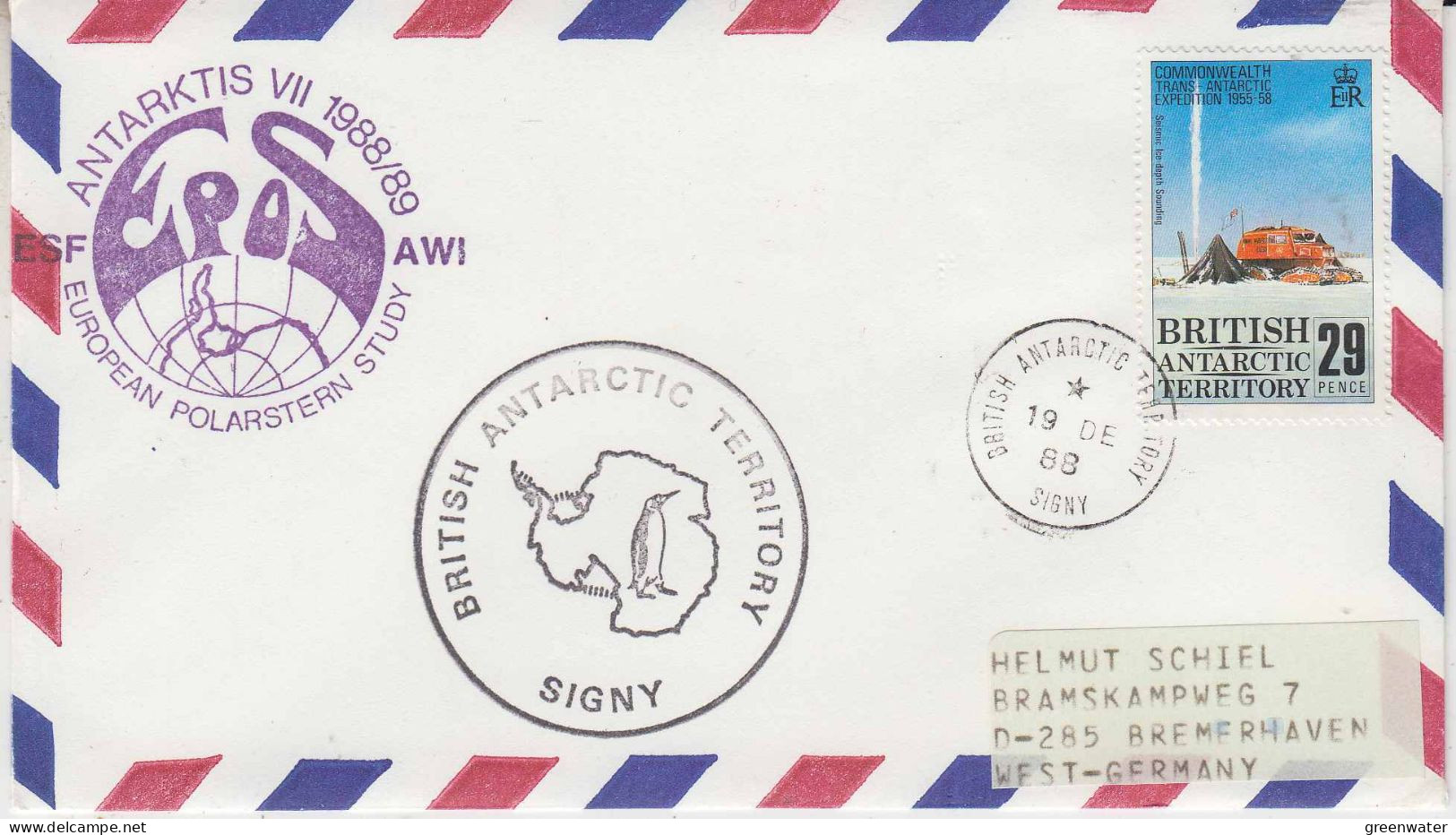 British Antarctic Territory (BAT) Polarstern Ca Signy 19 DE 1988 (PT162B) - Navires & Brise-glace