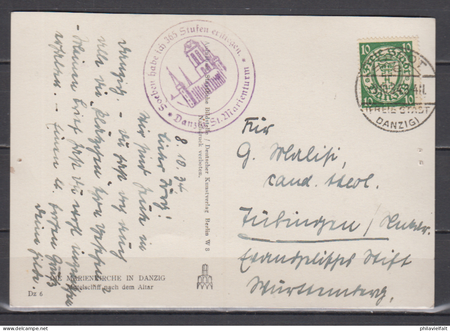 Danzig MiNo. 194 Auf Fotokarte Marienkirche In Danzig / Mittelschiff Nach Dem Altar O Zoppot 1934 - Brieven En Documenten