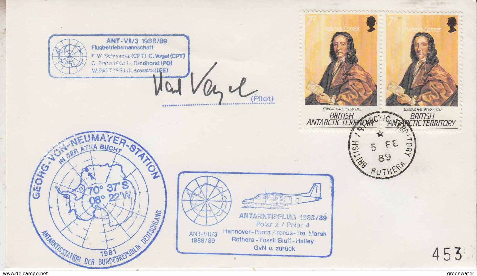 British Antarctic Territory (BAT) Flight Hannover To G. Von Neumayer Signature Ca Rothera 5 FE 1989 (PT162C) - Vols Polaires