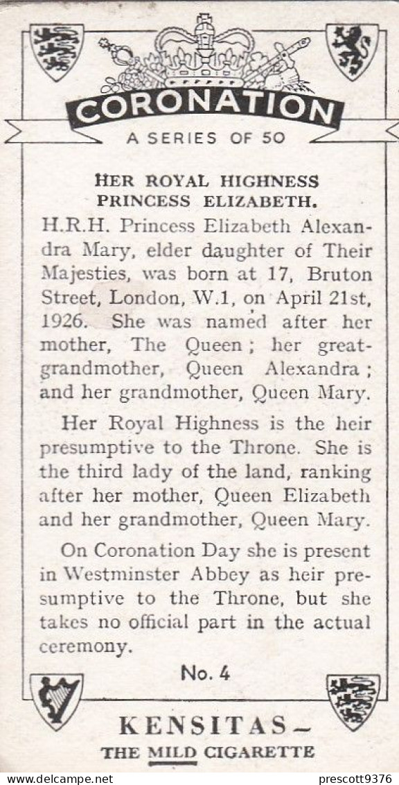 4 HRH Princess Elizabeth  - Coronation 1937- Kensitas Cigarette Card - 3x6cm, Royalty - Churchman