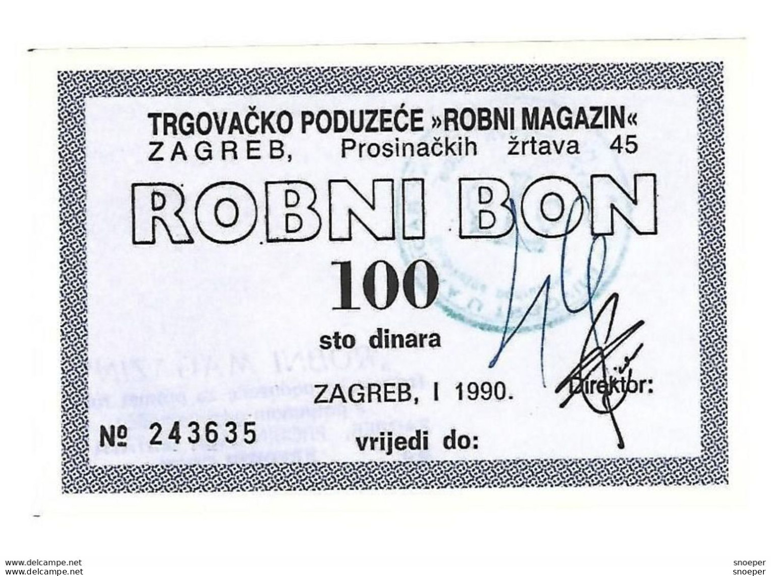 *croatia Zagreb Robni Magazin  Robni Bon 100 Dinara 1/1990 With Stamps  C13 - Croacia