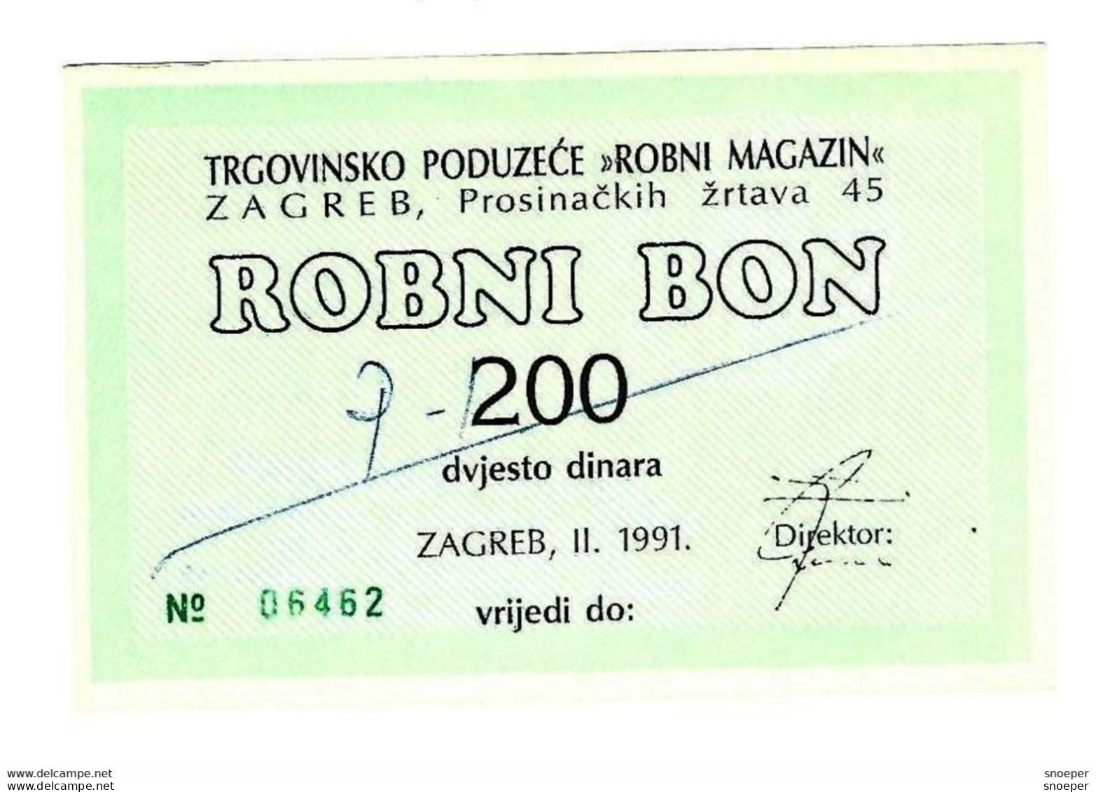 *croatia Zagreb Robni Magazin  Robni Bon 200 Dinara 2/1991 With Stamps  C14 - Croacia