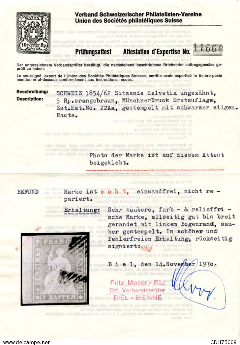 SUISSE - Z 22Aa 5 RAPPEN GRIS BRUN ORANGE HELVETIA ASSISE - OBLITERE - CERTIFICAT F. MOSER-RAZ - Usados