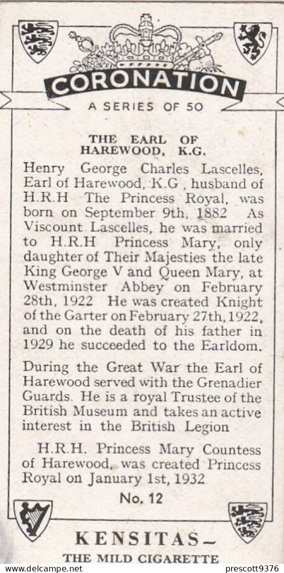 12 Earl Harwood  - Coronation 1937- Kensitas Cigarette Card - 3x6cm, Royalty - Churchman