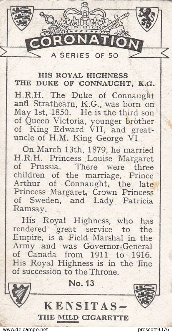 13 HRH Duke Of Connaught  - Coronation 1937- Kensitas Cigarette Card - 3x6cm, Royalty - Churchman