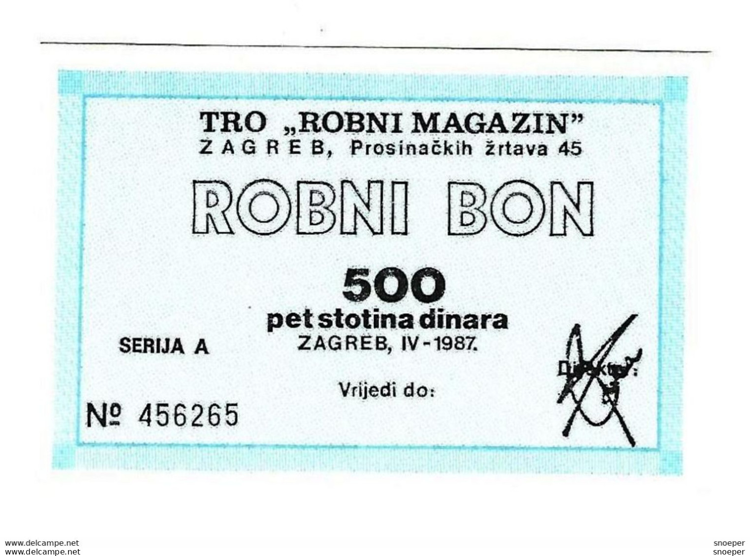 *croatia Zagreb Robni Magazin  Robni Bon 500 Dinara 6/1987 With Stamp "M&S"  C16 - Kroatië