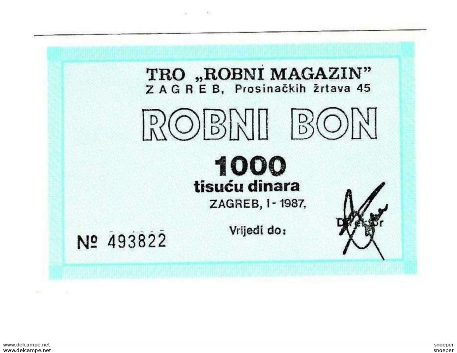 *croatia Zagreb Robni Magazin  Robni Bon 1000 Dinara 1/1987 With Stamp "M&S"  C17 - Croatia