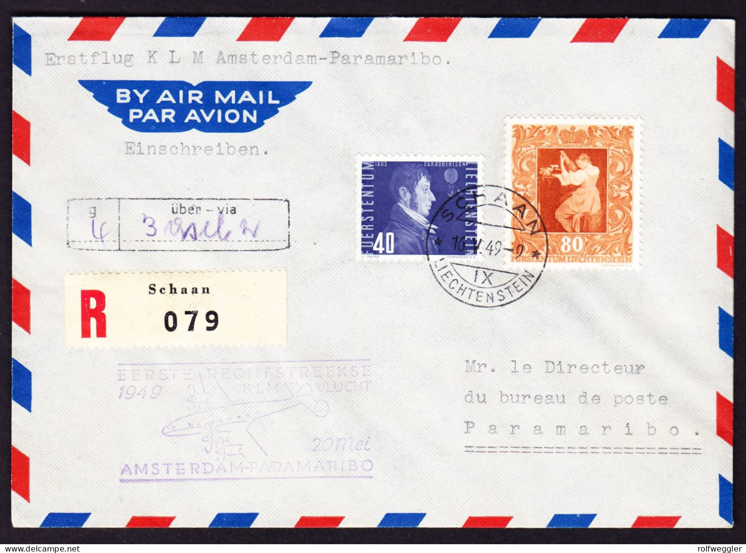 1949 R-Brief Aus Schaan Mit KLM Erstflug Amsterdam - Paramaribo. - Cartas & Documentos