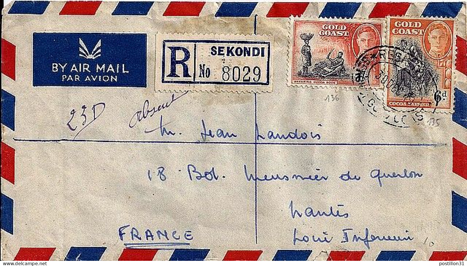 GOLD COAST N° 135/136 S/L. REC. DE SEKONDI/30.12.49 POUR LA FRANCE - Goudkust (...-1957)