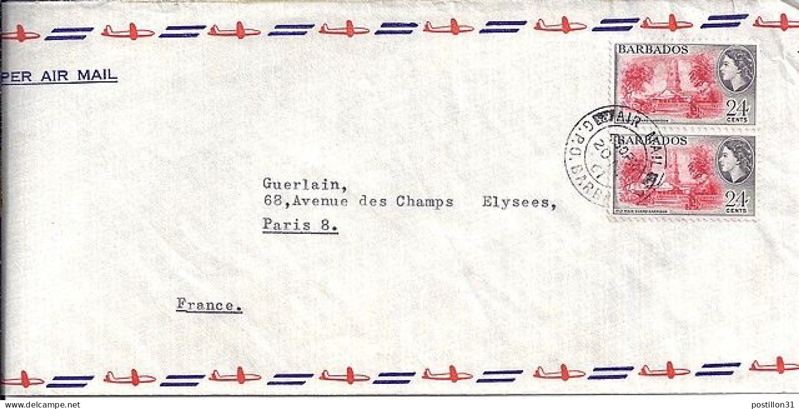 BARBADE N° 220x2 S/L. DU 20.5.61 POUR LA FRANCE - Barbados (...-1966)