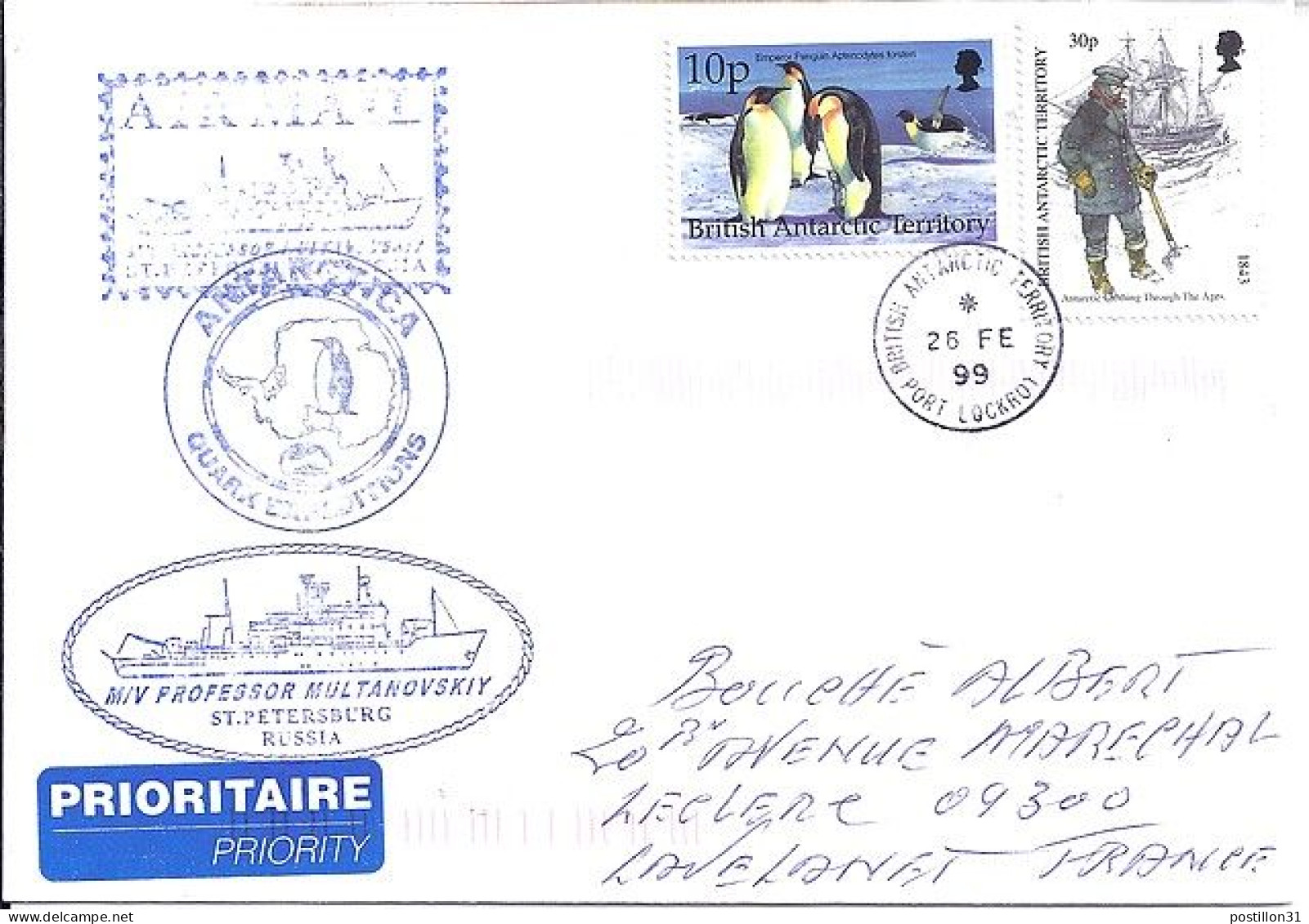 B.A.T. N° S/L. DE PORT LOCKROY / 26.2.99 POUR LA FRANCE - Storia Postale