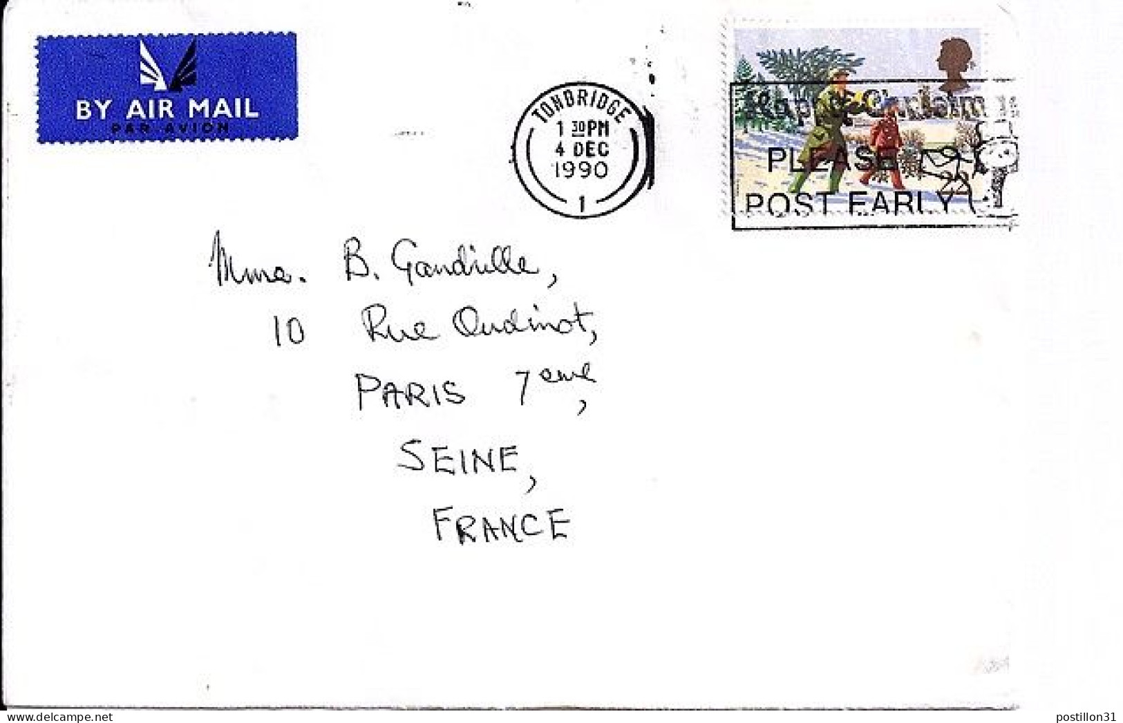 GRANDE BRETAGNE N° 1495 S/L DE TONBRIDGE/4.12.90 POUR LA FRANCE - Brieven En Documenten