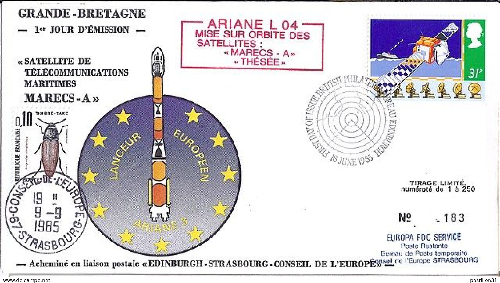 GRANDE BRETAGNE N° 1184 S/L DE EDINDOURG/18.6.85 POUR LA FRANCE+ARIANE L 04 - Cartas & Documentos