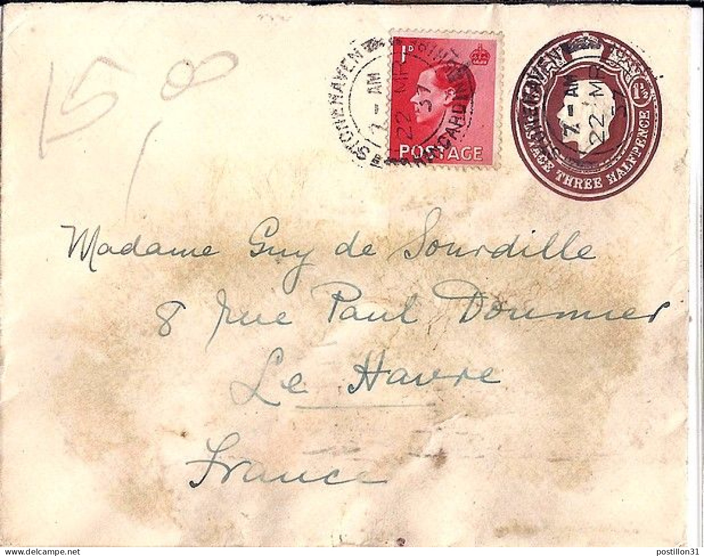 GRANDE BRETAGNE N° 206 S/ENTIER DE STONEHAVEN/22.3.37 POUR LA FRANCE - Briefe U. Dokumente