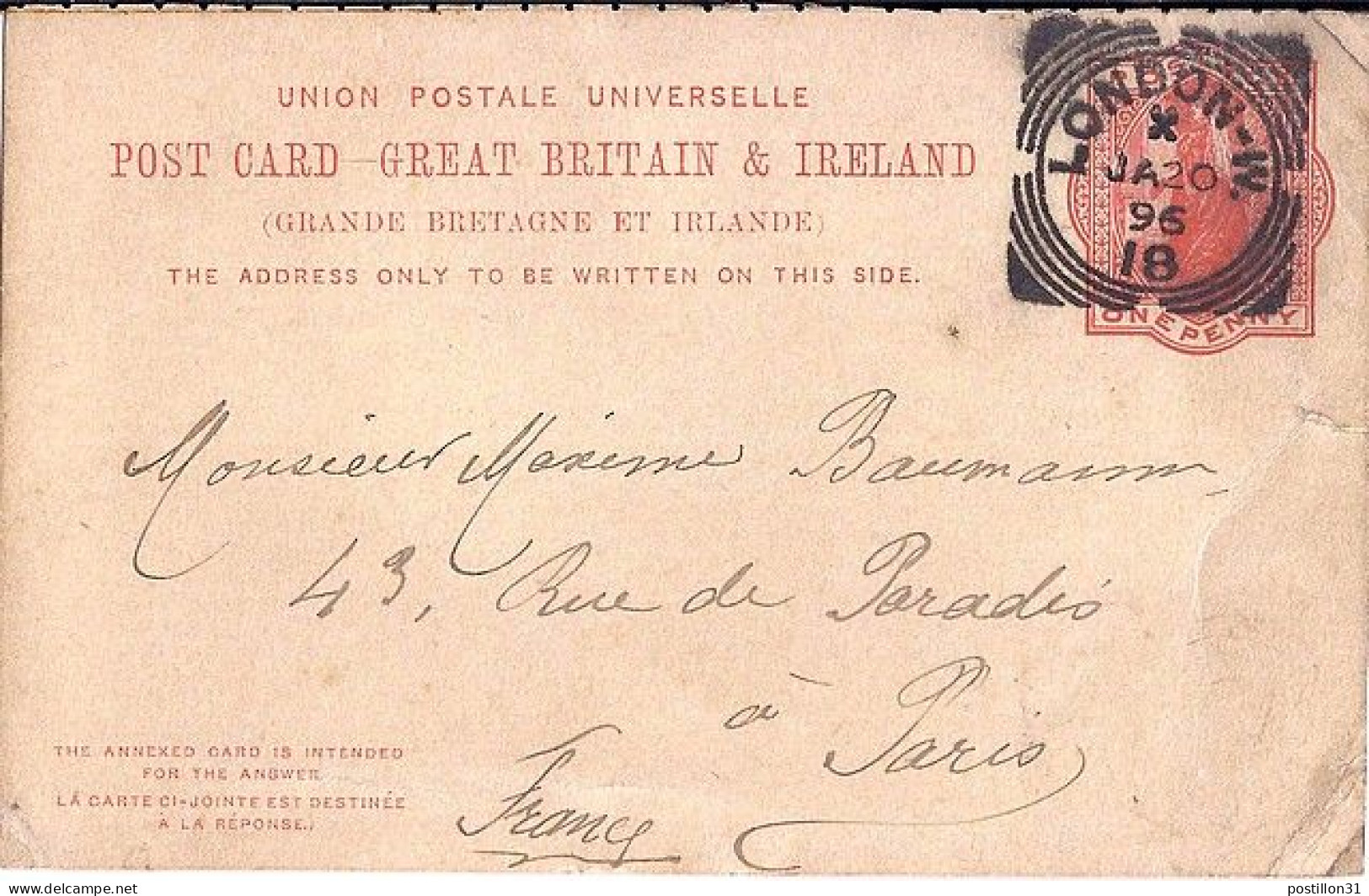 GRANDE BRETAGNE N° ENTIER POSTAL DE LONDRES/1896-00 POUR LA FRANCE - Lettres & Documents