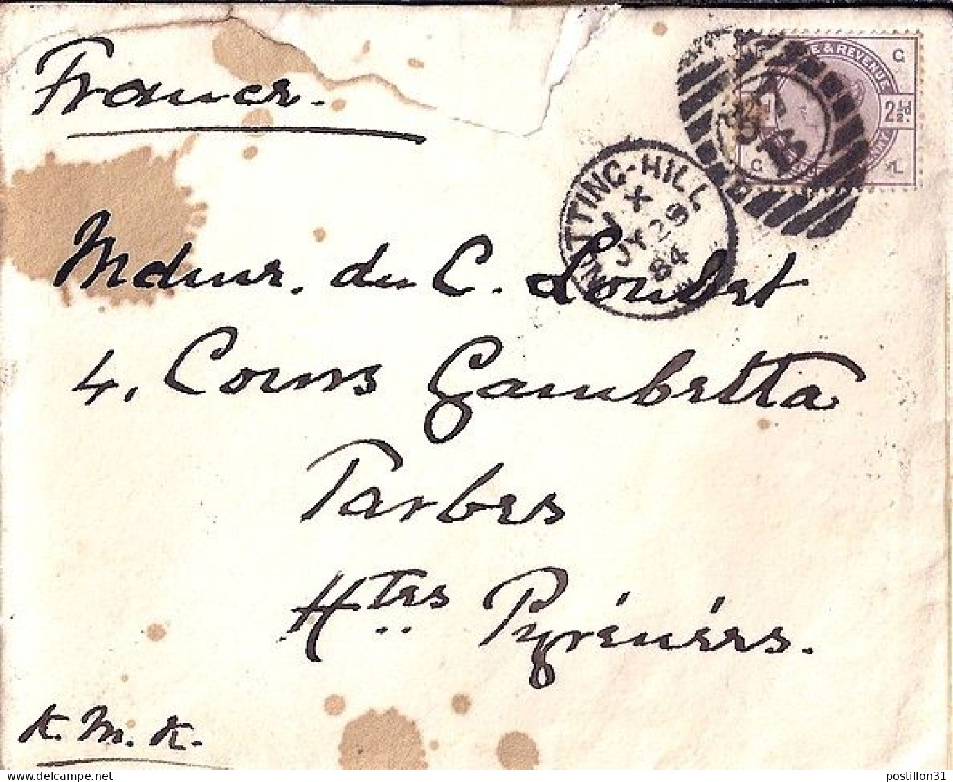GRANDE BRETAGNE N° 79 S/L. DE NOTTING HILL/29.6.1884 POUR LA FRANCE - Covers & Documents