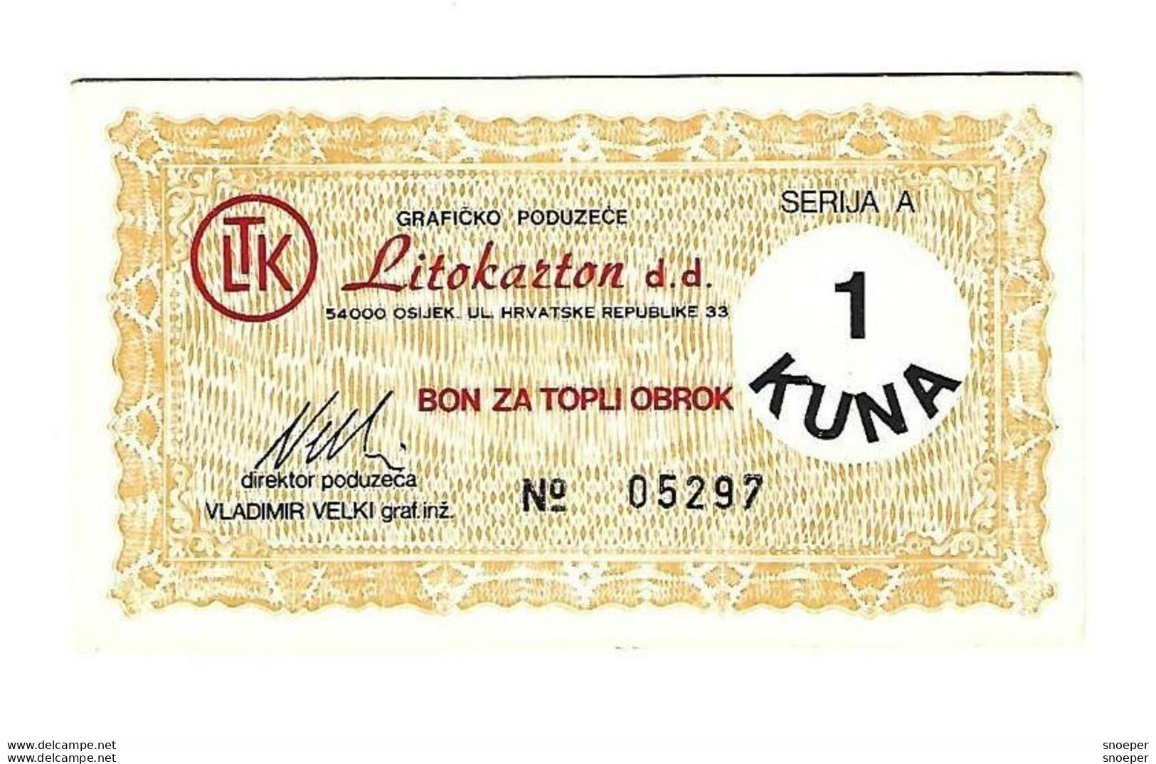 Croatia Osijek Litokarton Hot Meal 1 Kuna  Unc   With Stamp  C31 - Kroatië