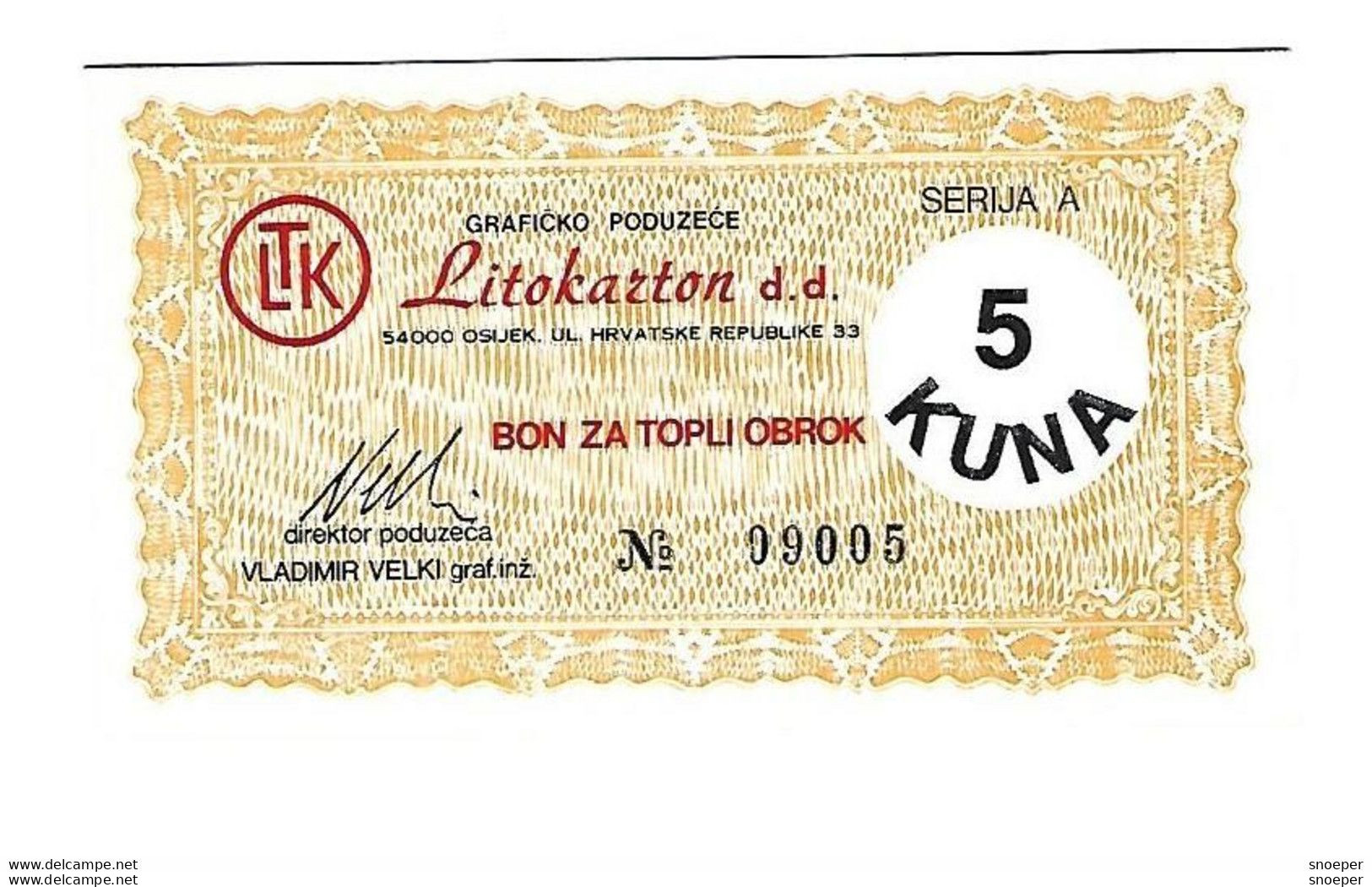 Croatia Osijek Litokarton Hot Meal 5 Kuna  Unc   No Stamp  C32 - Croatie