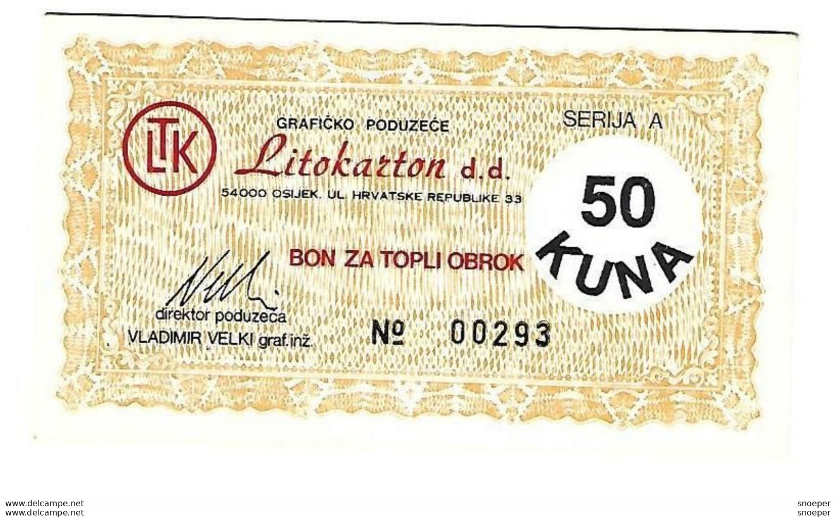 Croatia Osijek Litokarton Hot Meal 50 Kuna  Unc   With Stamp  C33 - Kroatië