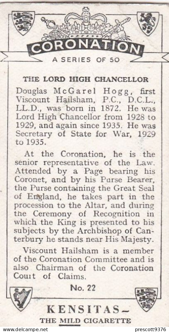 22 Lord High Chancellor - Coronation 1937- Kensitas Cigarette Card - 3x6cm, Royalty - Churchman