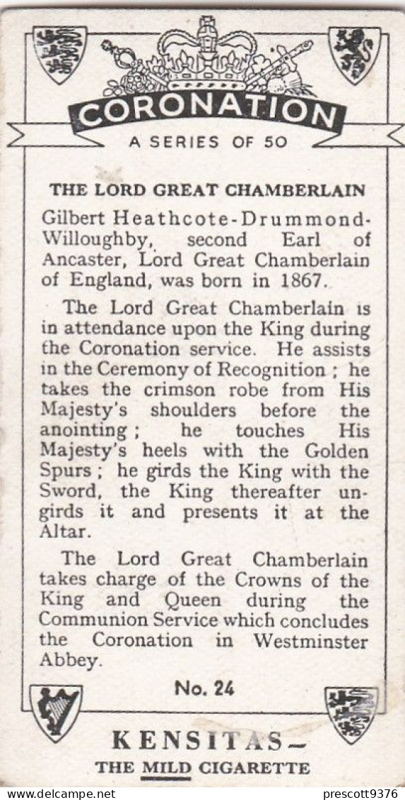 24 Lord Great Chamberlain - Coronation 1937- Kensitas Cigarette Card - 3x6cm, Royalty - Churchman
