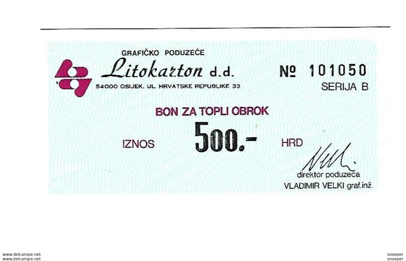 Croatia Osijek Litokarton Hot Meal 500 Kuna  Unc   No Stamp  C34 - Kroatië