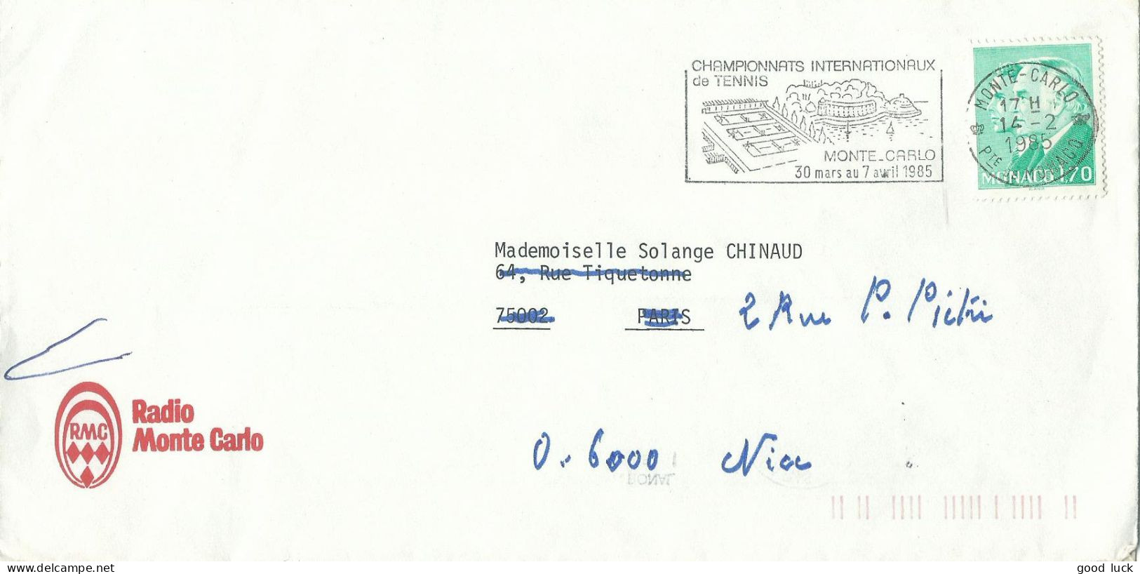 MONACO LETTRE A ENTETE RMC 1F70 MONTE CARLO POUR PARIS REDIRIGEE NICE ( ALPES MARITIMES ) DE 1985 LETTRE COVER - Postmarks