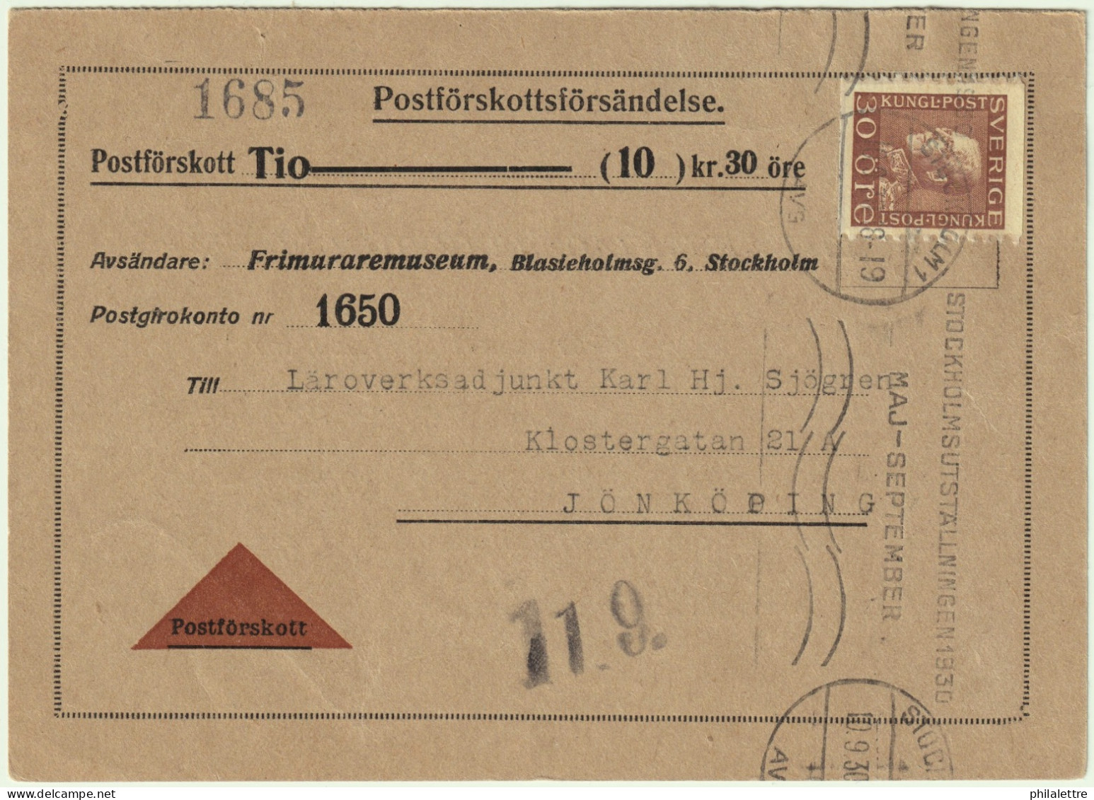 SUÈDE / SWEDEN 1930 Facit.186a 30ö Brown On Cash On Delivery (COD) Card From Stockholm To Jonköping - Lettres & Documents