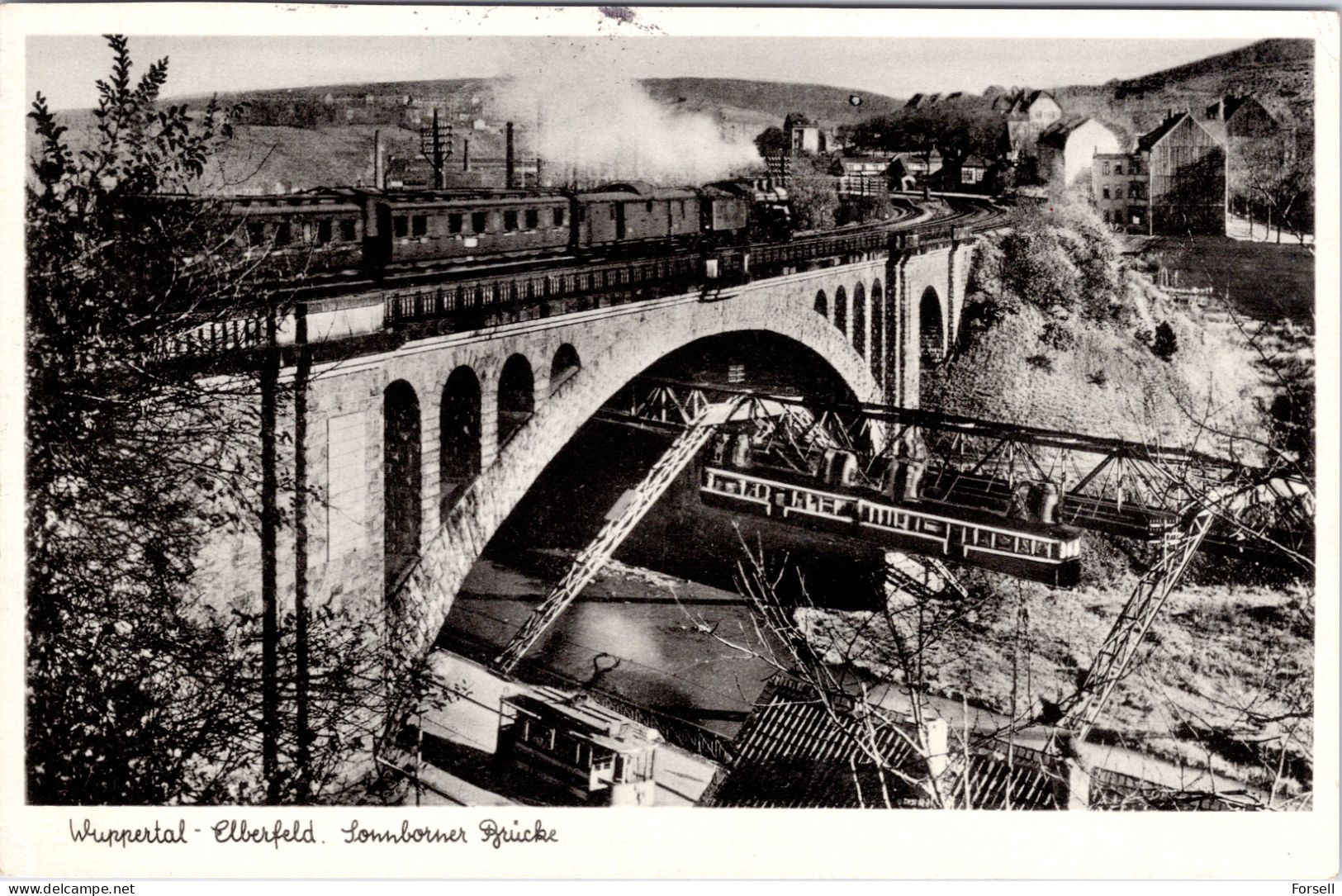 Wuppertal-Elberfeld , Sonnborner Brücke (Schwebebahn, Zug, Strassenbahn) (Gelaufen 1958) - Wuppertal