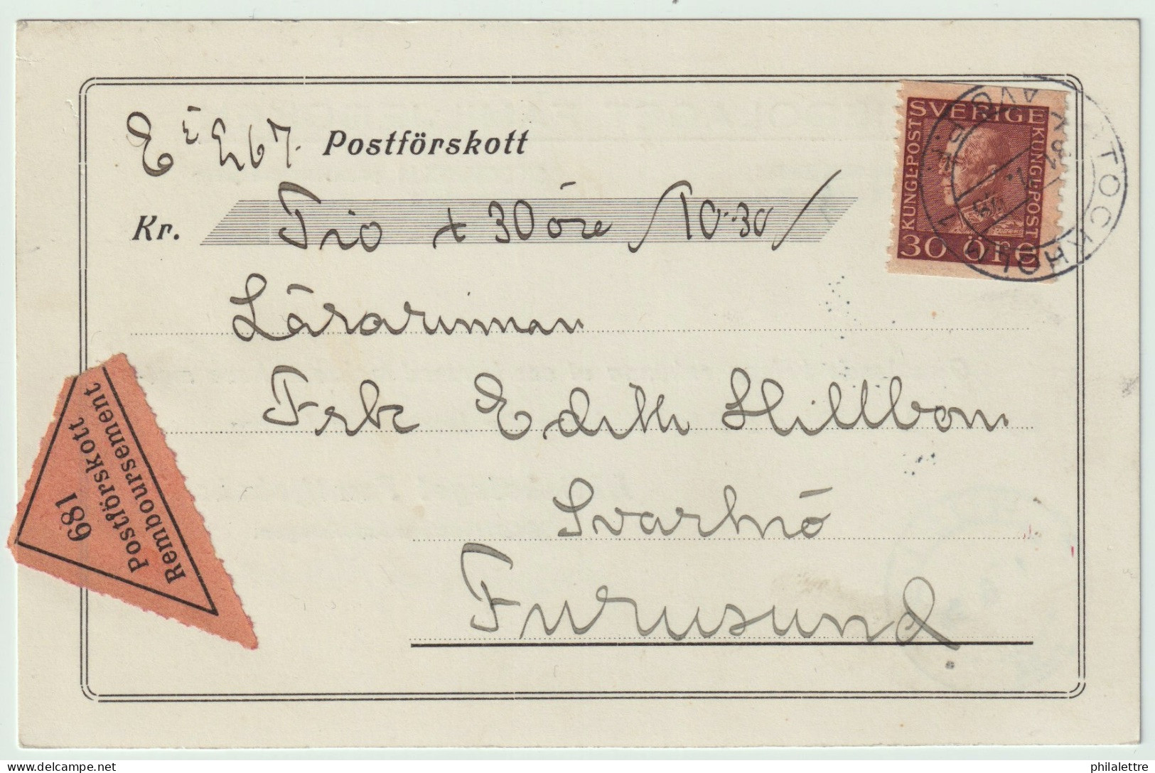 SUÈDE / SWEDEN 1928 Facit.186a 30ö Brown On Cash On Delivery (COD) Card From Stockholm To FURUSUND - Brieven En Documenten