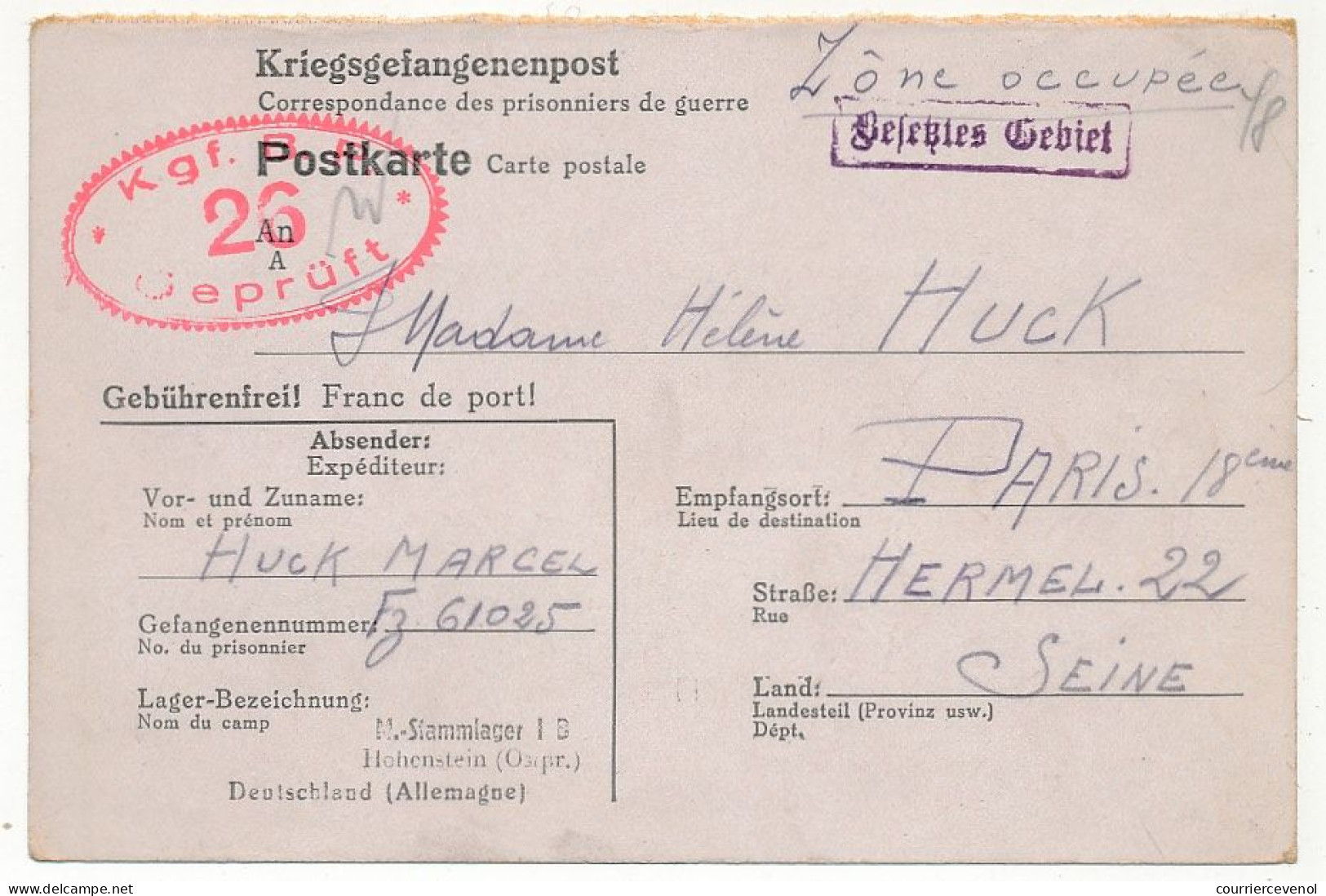 Carte Postale Depuis Le Stalag 1B Hohenstein - Censure Rouge "K.g.f. B.P. 26 Geprüft" - Septembre1942 - Guerre De 1939-45