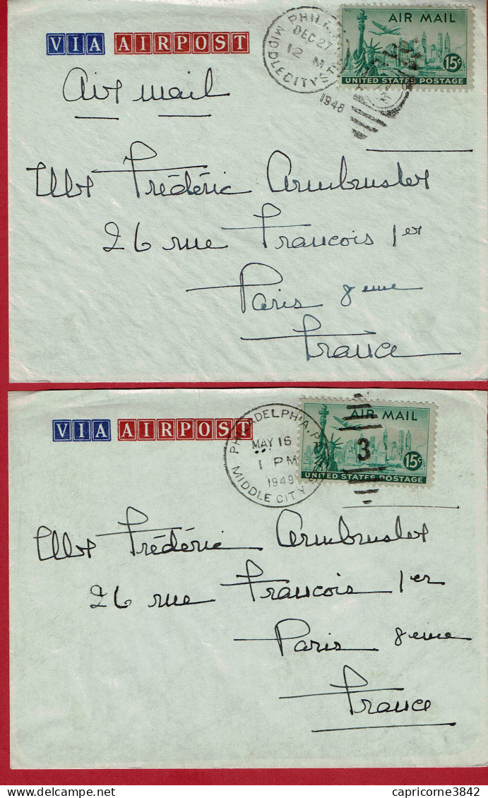 1948/49 - 2 Lettres De Philadelphie Pour Paris - Cachet "PHILADELPHIE MIDDLE CITY" - Tp PA N° 37 - Covers & Documents