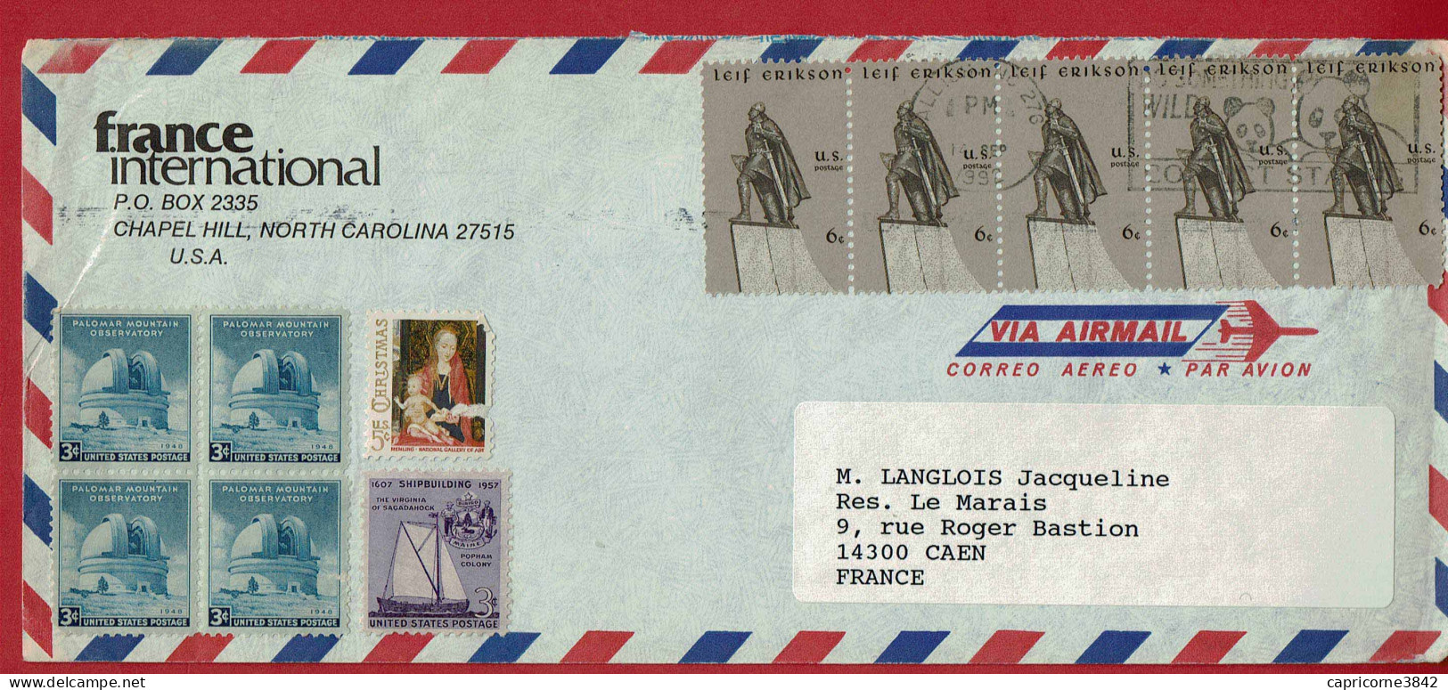 1992 - Lettre Pour La France  - 5 Tp Leif Erikson N° 862 + 4 Tp Palomar Mountain N° 517 - Cartas & Documentos