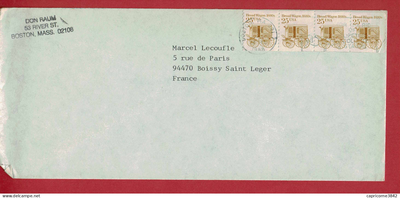 1988 - Lettre De Boston Pour La France - Tp Bread Wagon (voiture à Pain) N° 1692 - Lettres & Documents