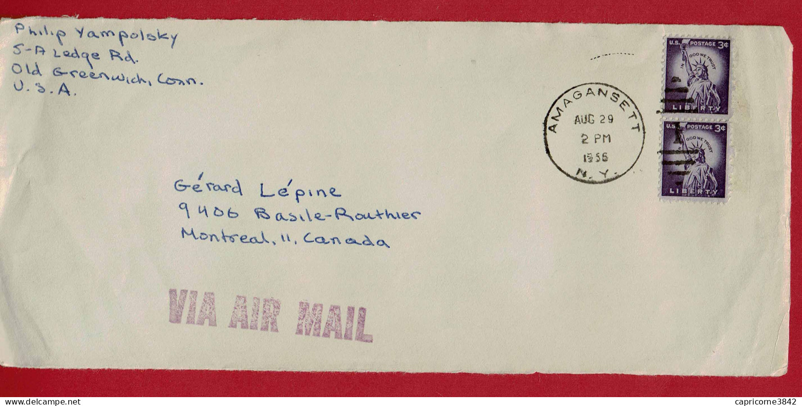 1955 - Lettre De AMAGANSETT Pour Le Canada - 2 Tp Liberty N° 581 - Only Front Of Envelope - Cartas & Documentos