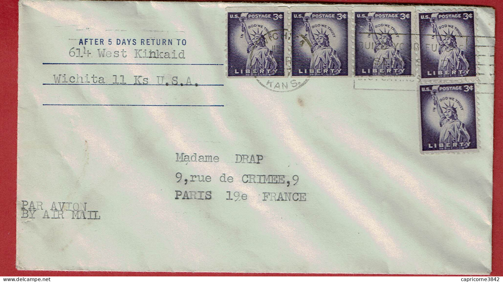 Lettre De Wichita Pour La France - 5 Tp Liberty N° 581 - Cartas & Documentos