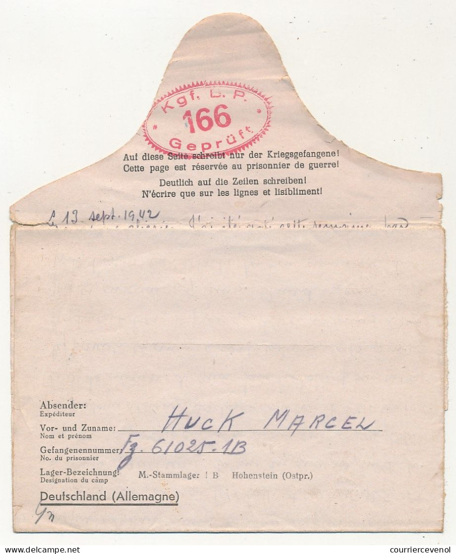 Lettre Depuis Le Stalag 1B Hohenstein - Censure Rouge "K.g.f. B.P. 166 Geprüft" - Septembre 1942 - Guerre De 1939-45