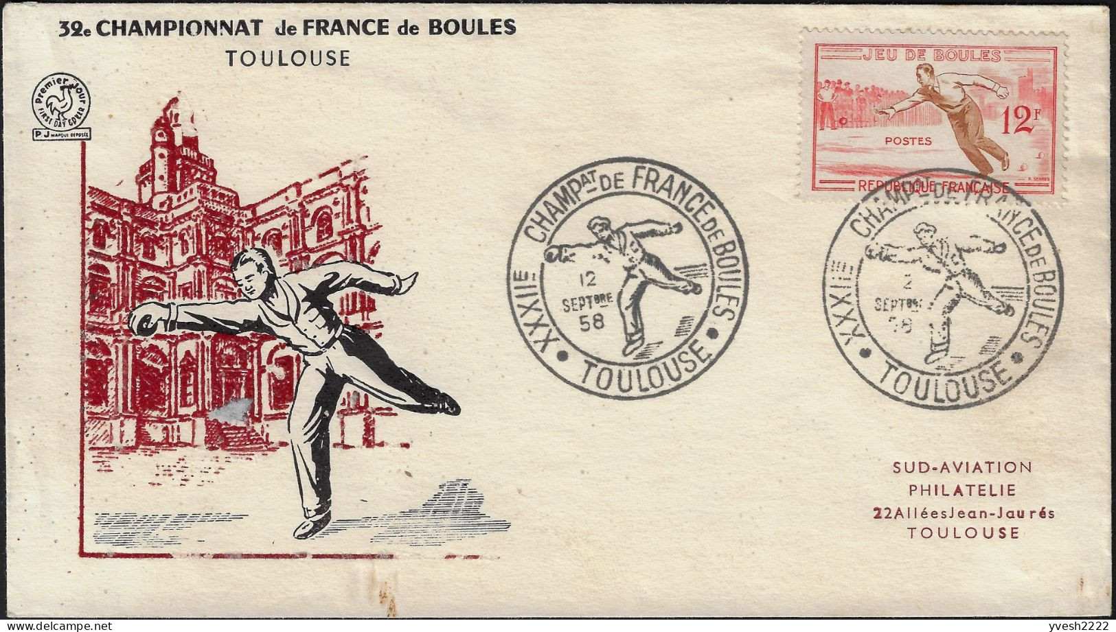 France 1958 Y&T 1161. Enveloppe, Jeu De Boules. Championnat De France, Toulouse - Petanque