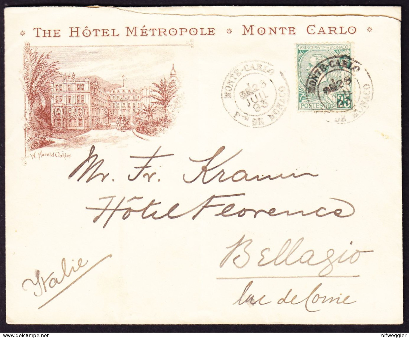 1893 Brief Von Hotel Metropol In Monte Carlo An Hotel Florence In Bellagio. Leichter Senkrechter Bug. Ankunftsstempel - Briefe U. Dokumente