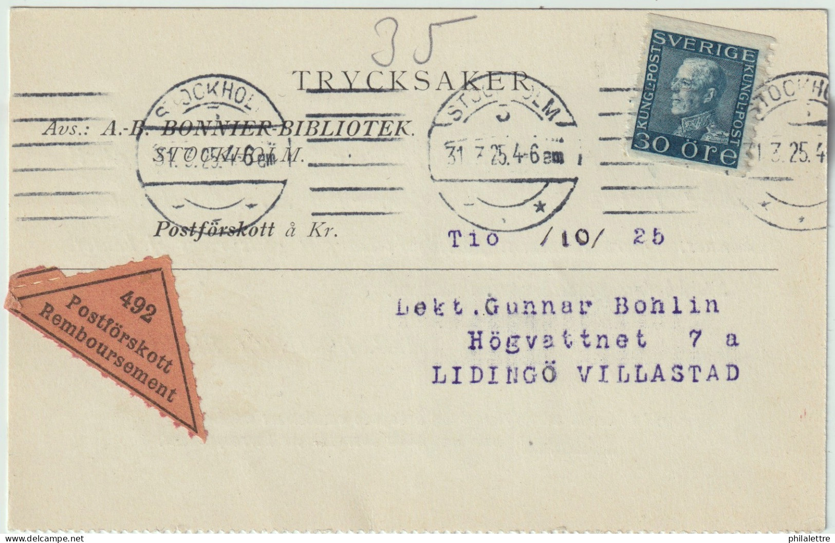 SUÈDE / SWEDEN 1925 (Mar 31) Facit.185 30ö Blue On Cash On Delivery (COD) Card From Stockholm To LIDINGÖ VILLASTAD - Briefe U. Dokumente